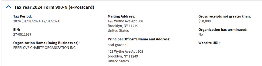 Screenshot of Tax Year 2024 Form 990-N for FREELOVE CHARITY ORGANIZATION INC