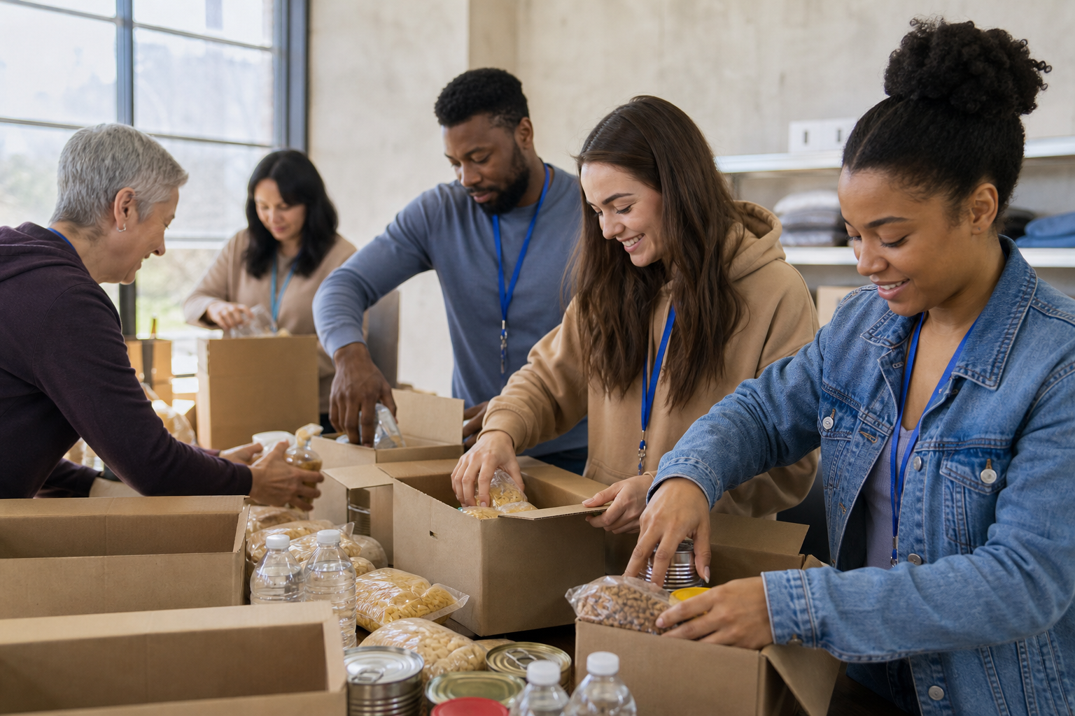Volunteers packing food boxes at a community pantry