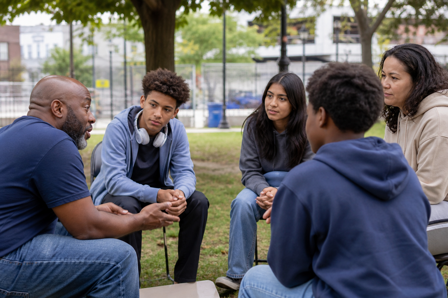 Volunteers mentoring teens outdoors